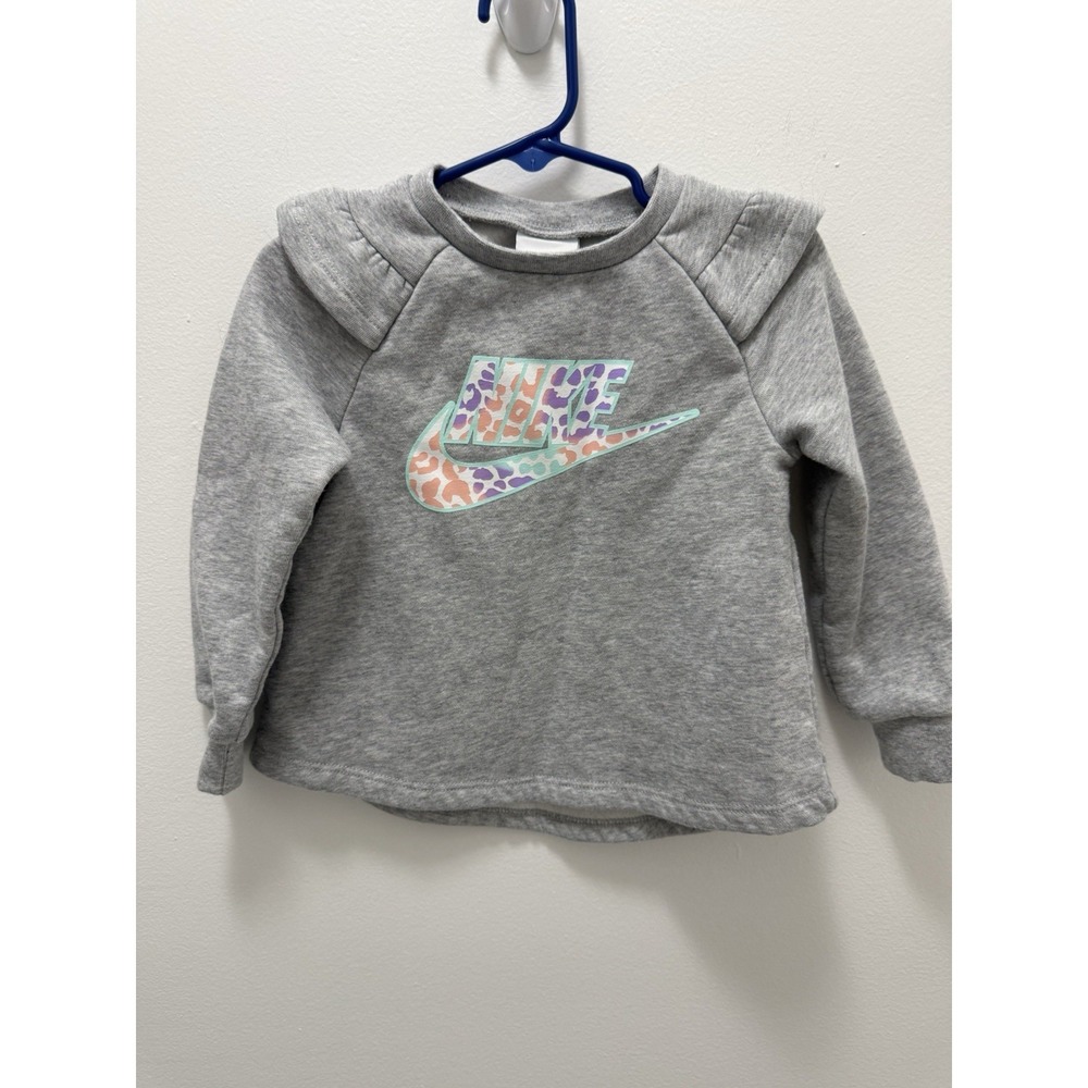 Nike Toddler Girls Pullover Sweatshirt Size 2T Gray Leopard Logo Fleece Lined